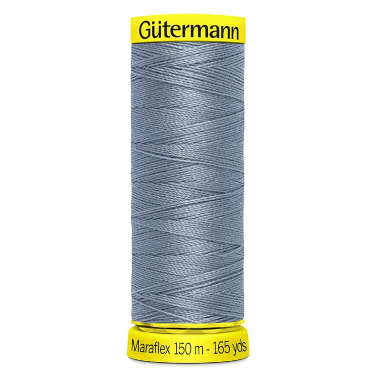 Spool of Gütermann Maraflex thread in gray, labeled as 150 meters (165 yards).