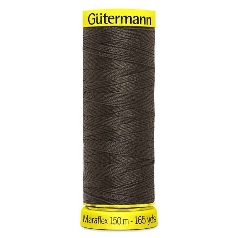 A spool of Gütermann Maraflex thread in dark brown. The label is yellow, displaying "Maraflex 150 m - 165 yds." The thread is tightly wound and vertically oriented.