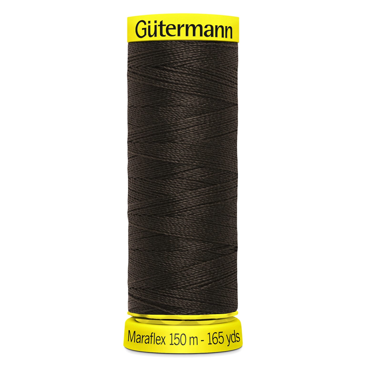 A spool of Gütermann Maraflex elastic thread in dark color, labeled with 150 meters and 165 yards, with bright yellow caps at the top and bottom.