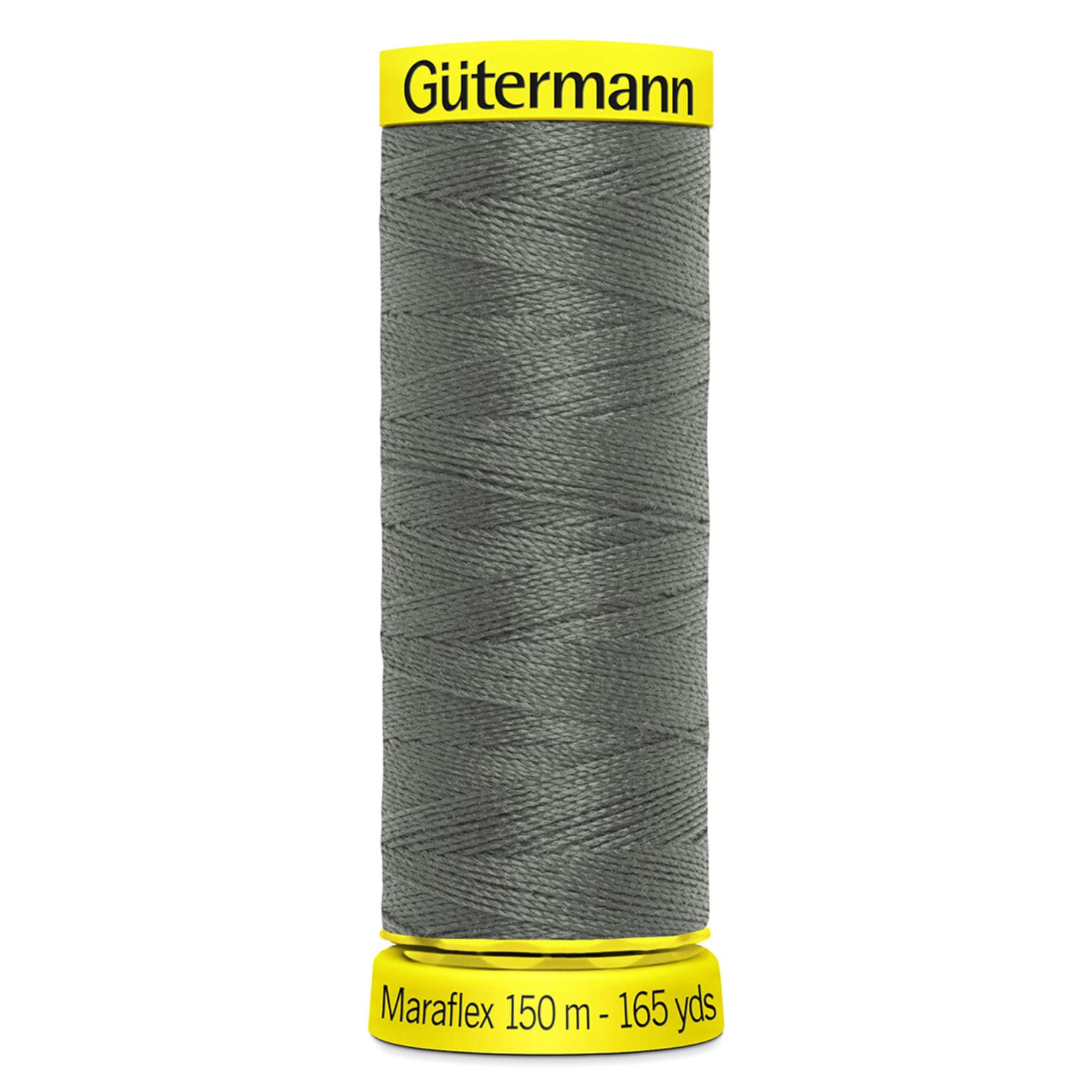 A spool of Gütermann thread labeled "Maraflex 150 m - 165 yds" in dark gray. The spool has bright yellow caps at the top and bottom.