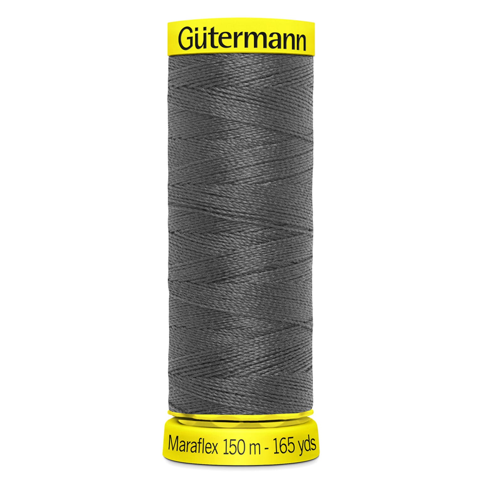 A spool of Gütermann Maraflex thread, 150 meters (165 yards), in dark gray color. The spool has a bright yellow top and bottom.