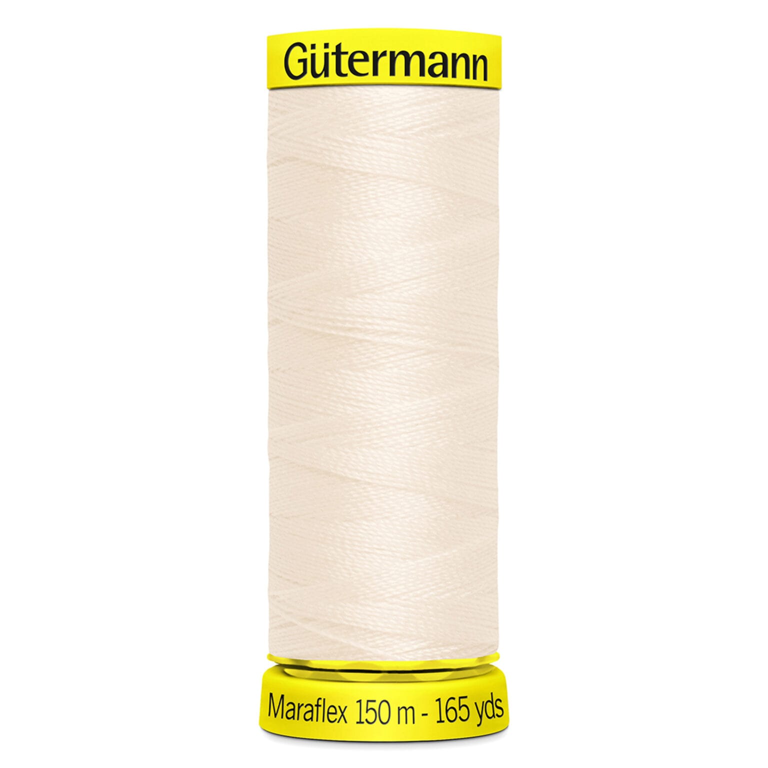 A spool of Gütermann Maraflex thread in a cream color. The spool label indicates the length as 150 meters or 165 yards. The top and bottom of the spool have bright yellow accents with the brand and product information.