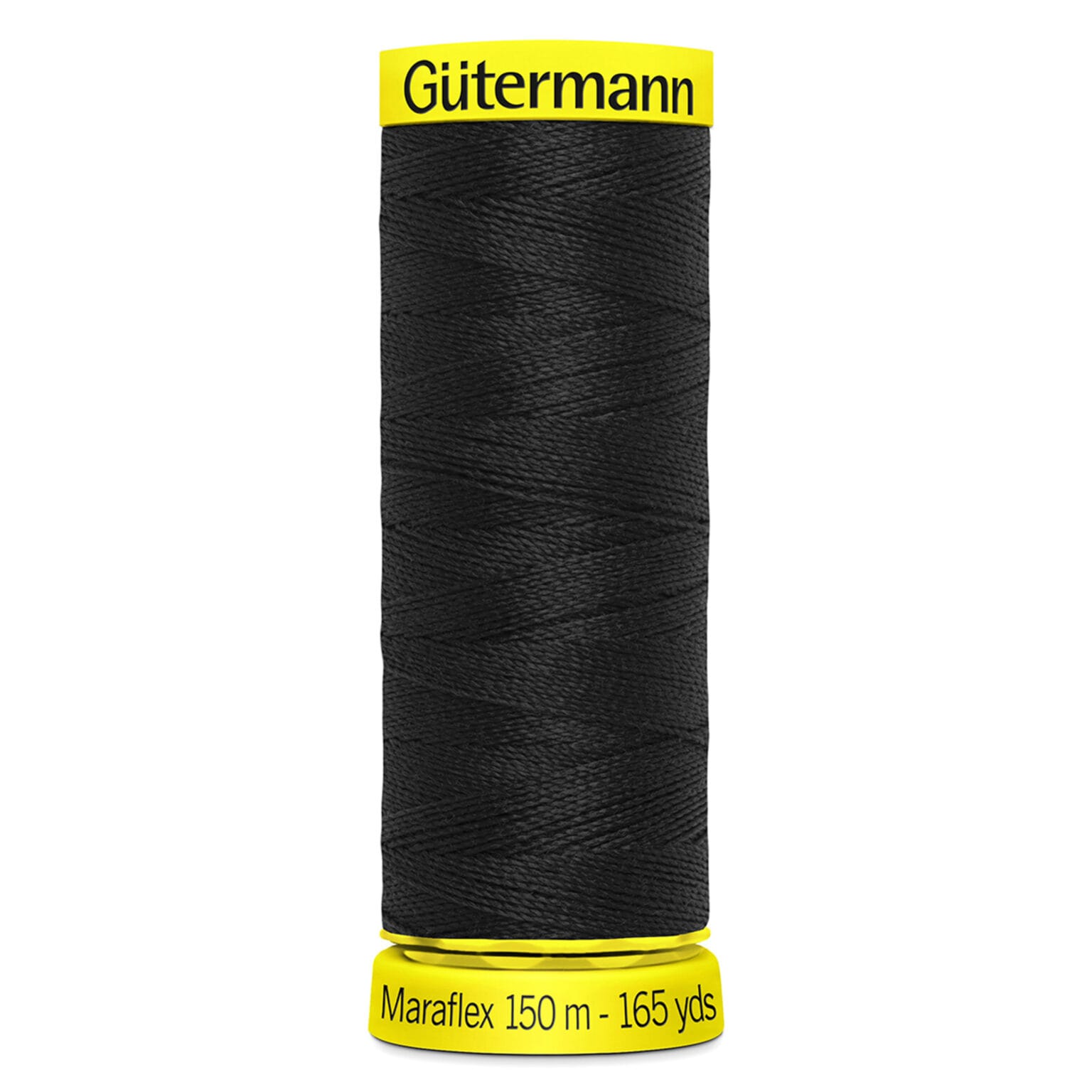 A spool of Gütermann Maraflex thread in black, wrapped around a cylindrical spool with a yellow top and base. The base reads "Maraflex 150 m - 165 yds.