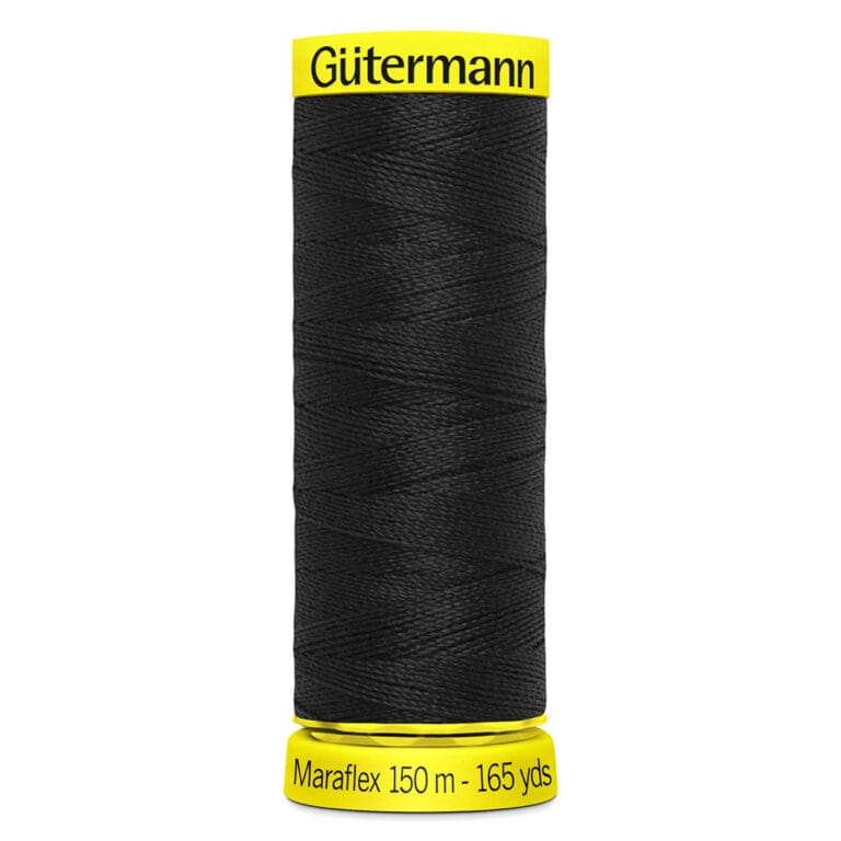 A spool of Gütermann Maraflex thread in black, wrapped around a cylindrical spool with a yellow top and base. The base reads "Maraflex 150 m - 165 yds.