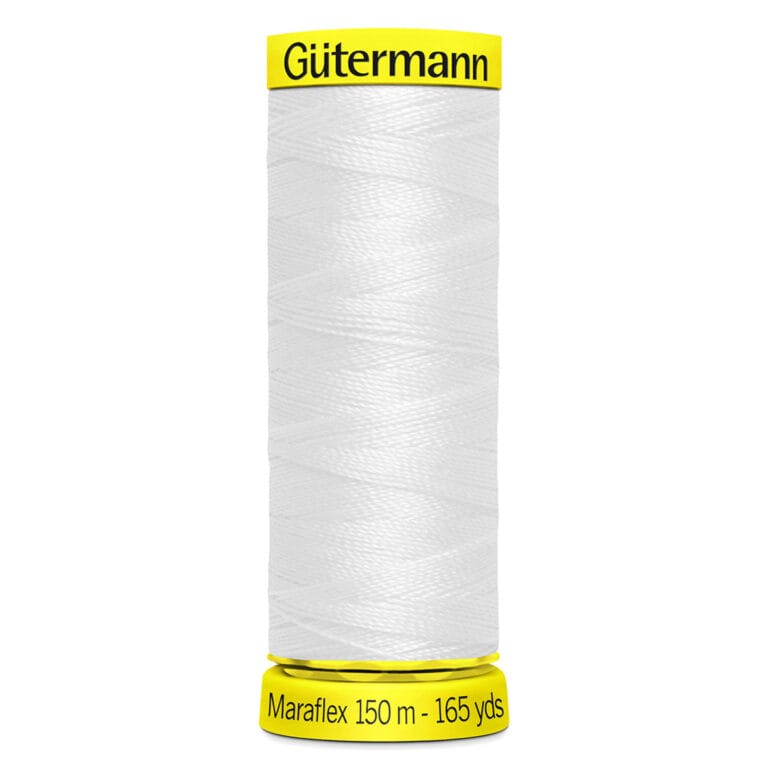 Spool of white Gütermann Maraflex thread, labeled "150 m - 165 yds," with bright yellow ends.