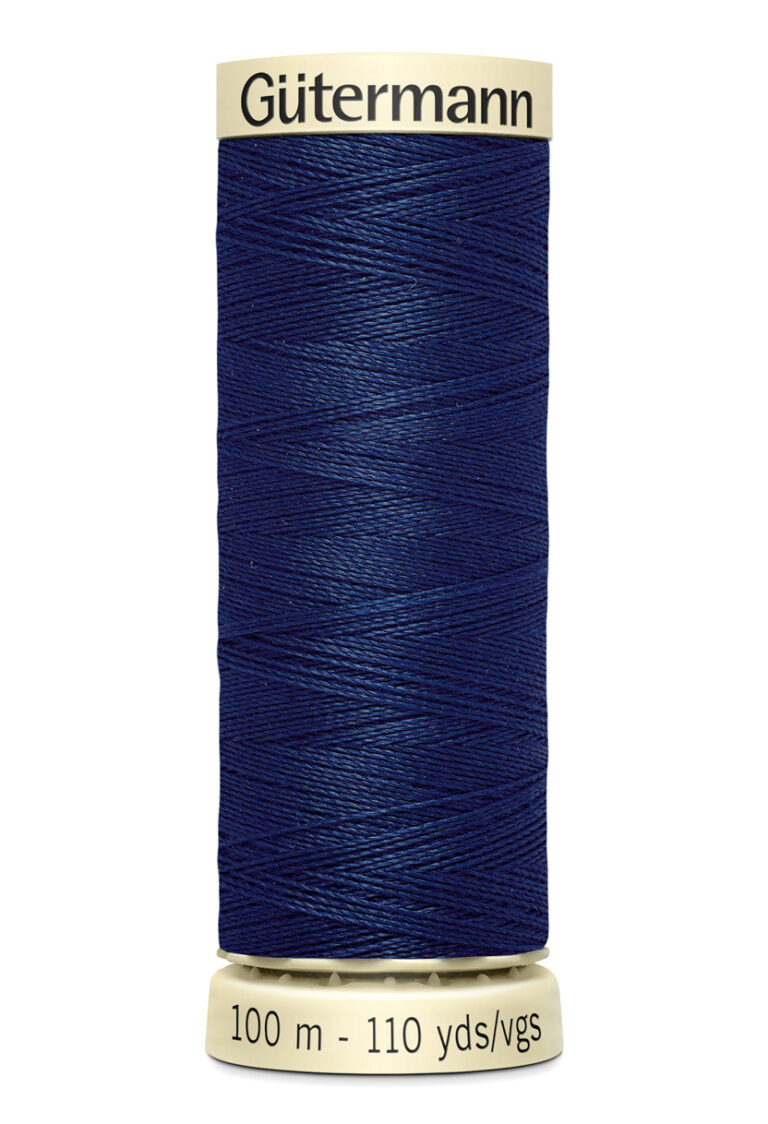 A spool of Gütermann blue thread, 100 meters (110 yards) in length, with beige ends. The top end displays the brand name "Gütermann" in black text.