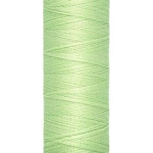 A spool of Gütermann sewing thread in light green color. The spool label shows "100 m - 110 yds/vgs." The thread is tightly wound around the beige cylindrical spool, prominently displaying the brand name at the top.