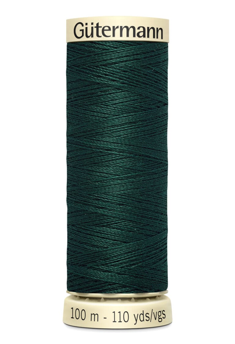 A spool of Gütermann thread in dark green, labeled with 100 meters and 110 yards on the bottom.