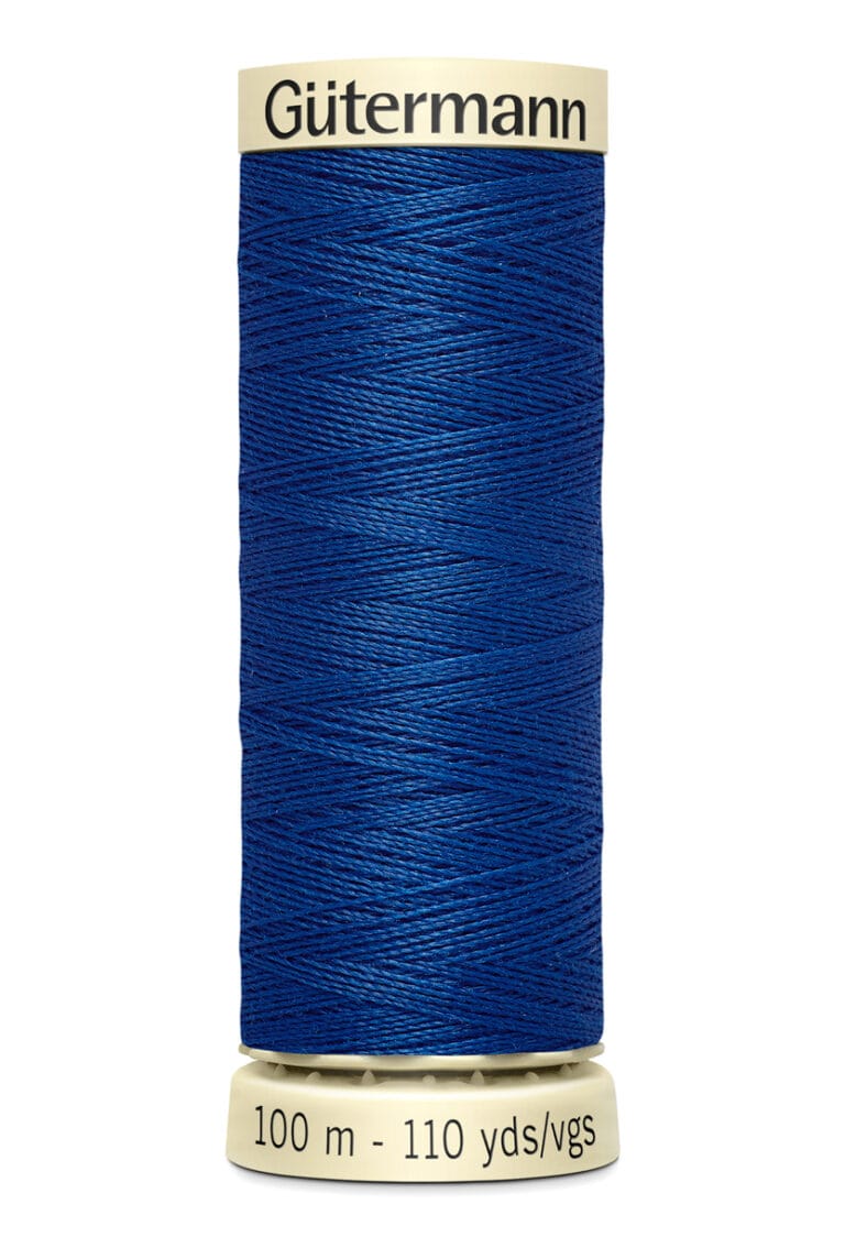 A blue spool of Gütermann sewing thread with a cream-colored base and top. The label indicates it contains 100 meters (110 yards).