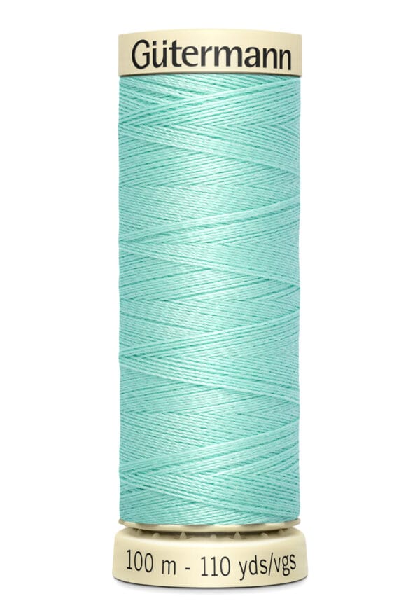 A spool of Gütermann sewing thread in a pastel mint color. The spool is labeled with "100 m - 110 yds/vgs" at the bottom, indicating the length of the thread.