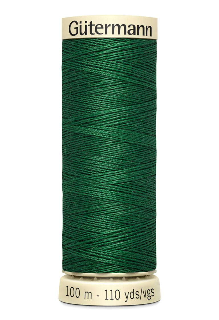 Spool of deep green Gütermann thread, labeled for 100 meters and 110 yards.