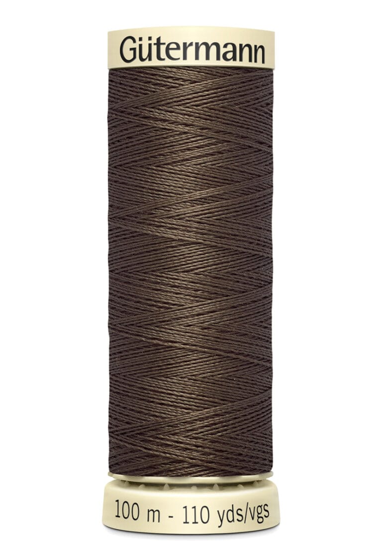 A spool of Gütermann sewing thread in dark brown, wrapped neatly around a beige spool. It is labeled "100 m - 110 yds/vgs" at the base.