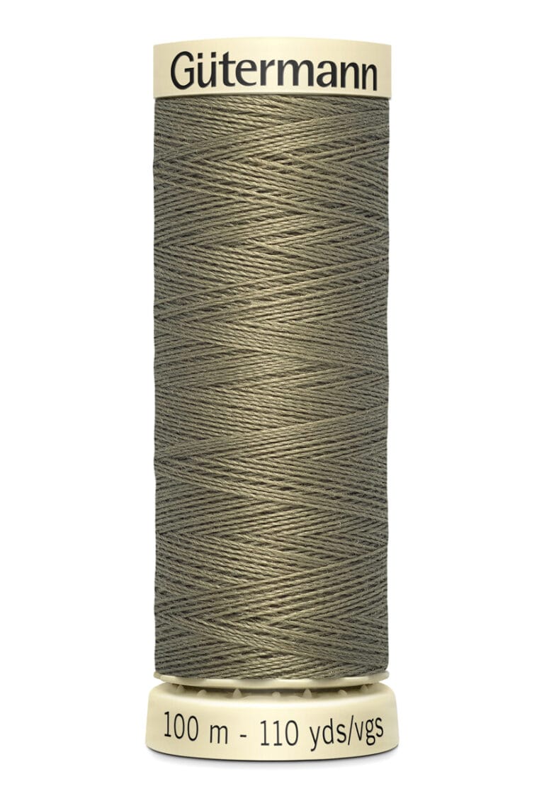 Spool of Gütermann thread in a muted olive color, labeled with "100 m - 110 yds/vgs" at the bottom.