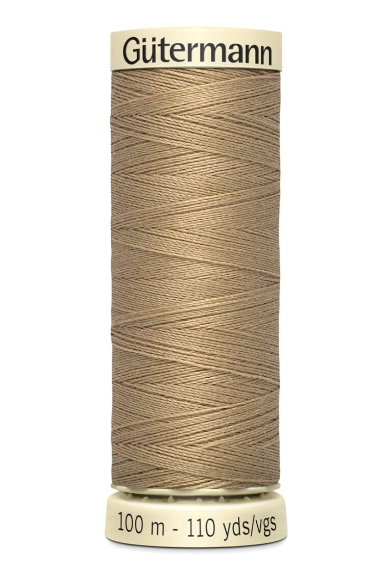 A spool of Gütermann thread in a light brown color stands upright against a white background. The label indicates it is 100 meters (110 yards) long.