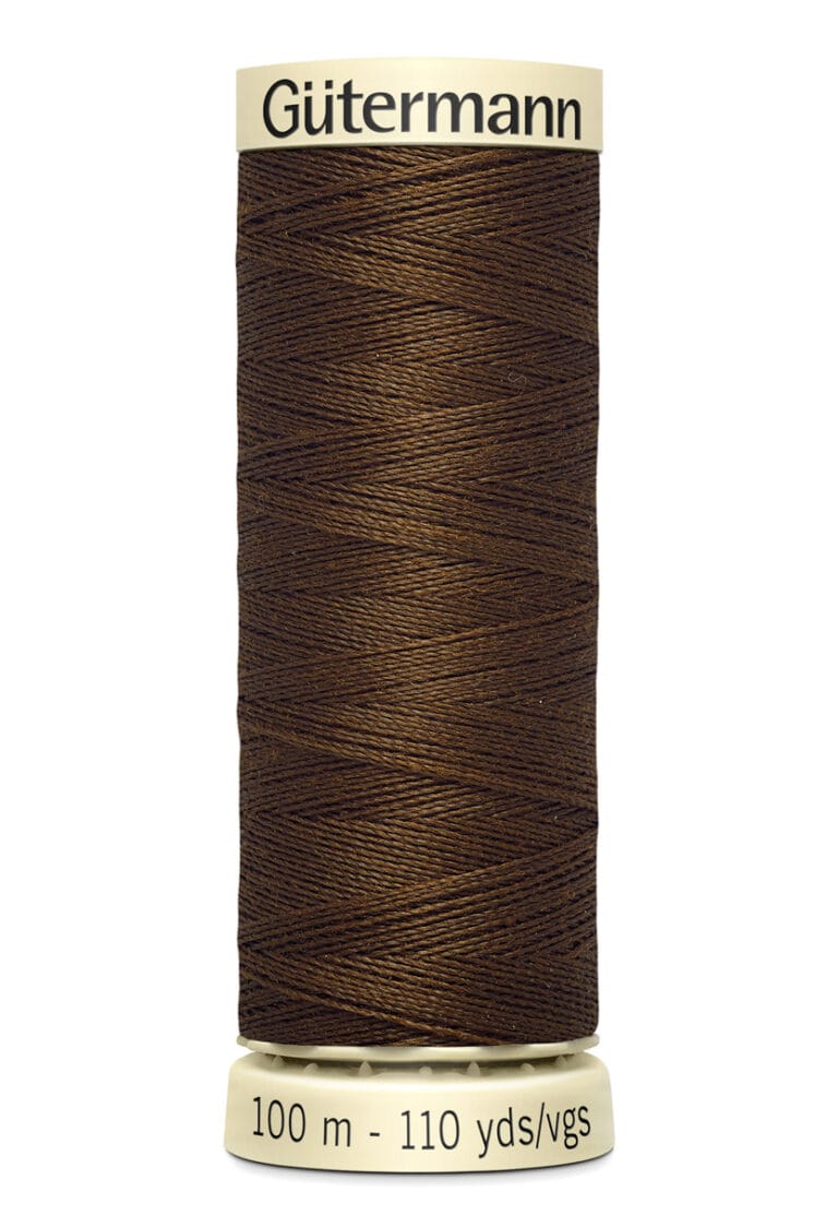 Spool of Gütermann thread in dark brown, displaying 100 meters and 110 yards on the label.