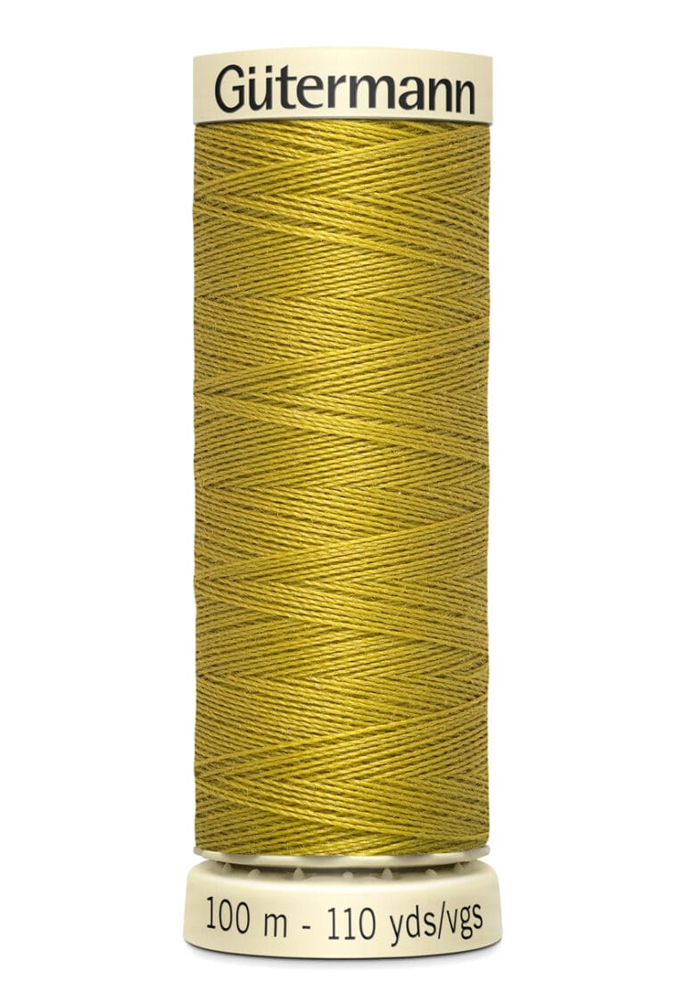 A spool of Gütermann sewing thread in yellow, with a label indicating 100 meters or 110 yards.