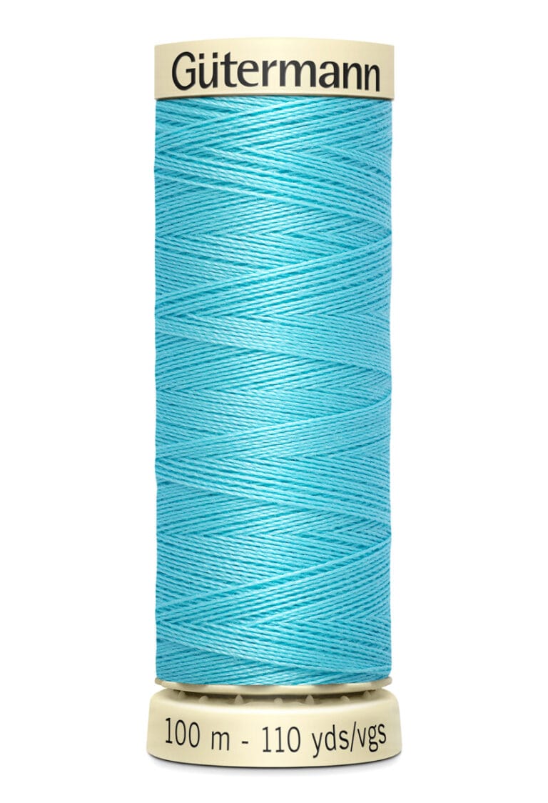 A spool of Gütermann sewing thread in bright turquoise color, labeled with 100 meters and 110 yards. The thread is neatly wound around a white cylindrical spool.