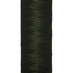 A spool of Gütermann sewing thread in dark green is shown. The spool displays 100 meters or 110 yards of thread on its label.