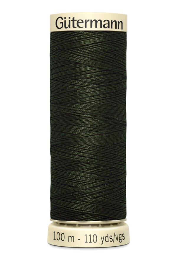 A spool of Gütermann sewing thread in dark green is shown. The spool displays 100 meters or 110 yards of thread on its label.