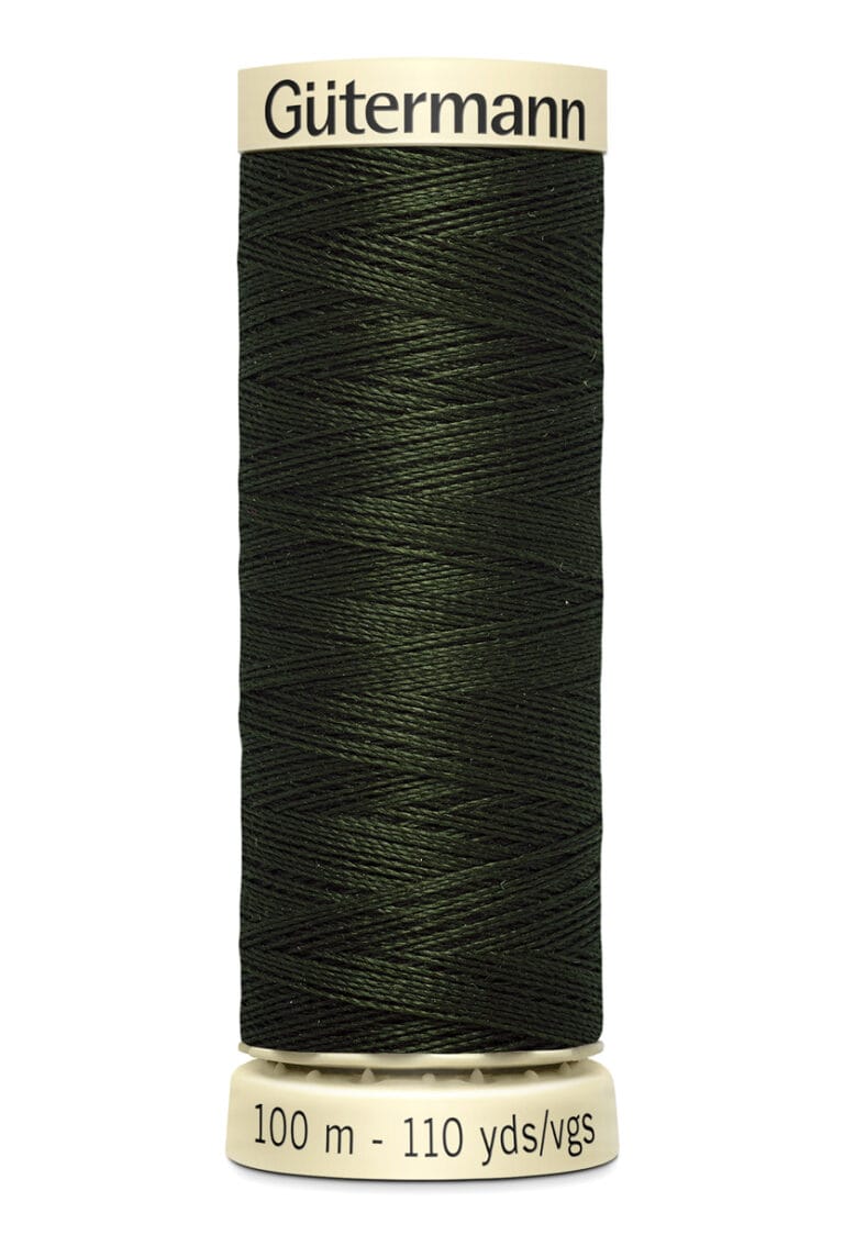 A spool of Gütermann sewing thread in dark green is shown. The spool displays 100 meters or 110 yards of thread on its label.