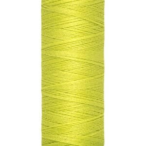Spool of Gütermann sewing thread in bright yellow-green color, labeled with "100 m - 110 yds/vgs" on the bottom.