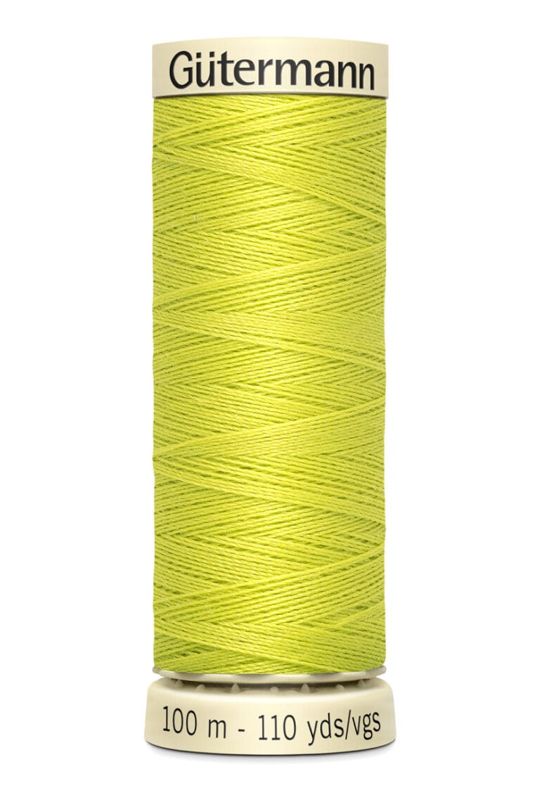 Spool of Gütermann sewing thread in bright yellow-green color, labeled with "100 m - 110 yds/vgs" on the bottom.