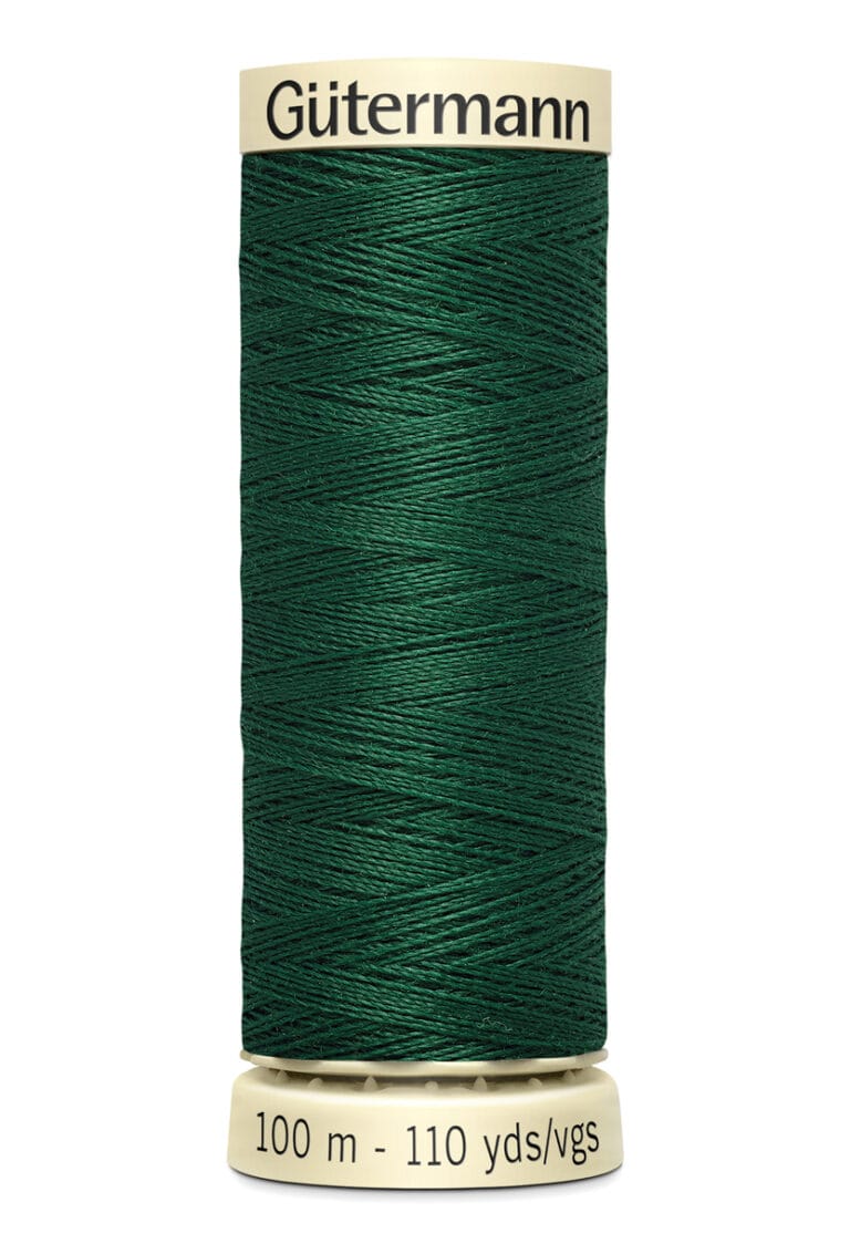 Spool of Gütermann polyester thread in dark green, labeled 100 meters/110 yards.