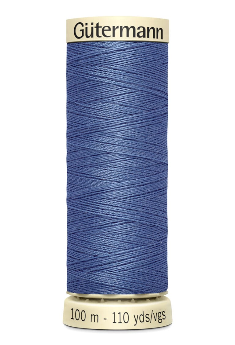 A spool of Gutermann blue sewing thread, labeled with "100 m - 110 yds" on the base.