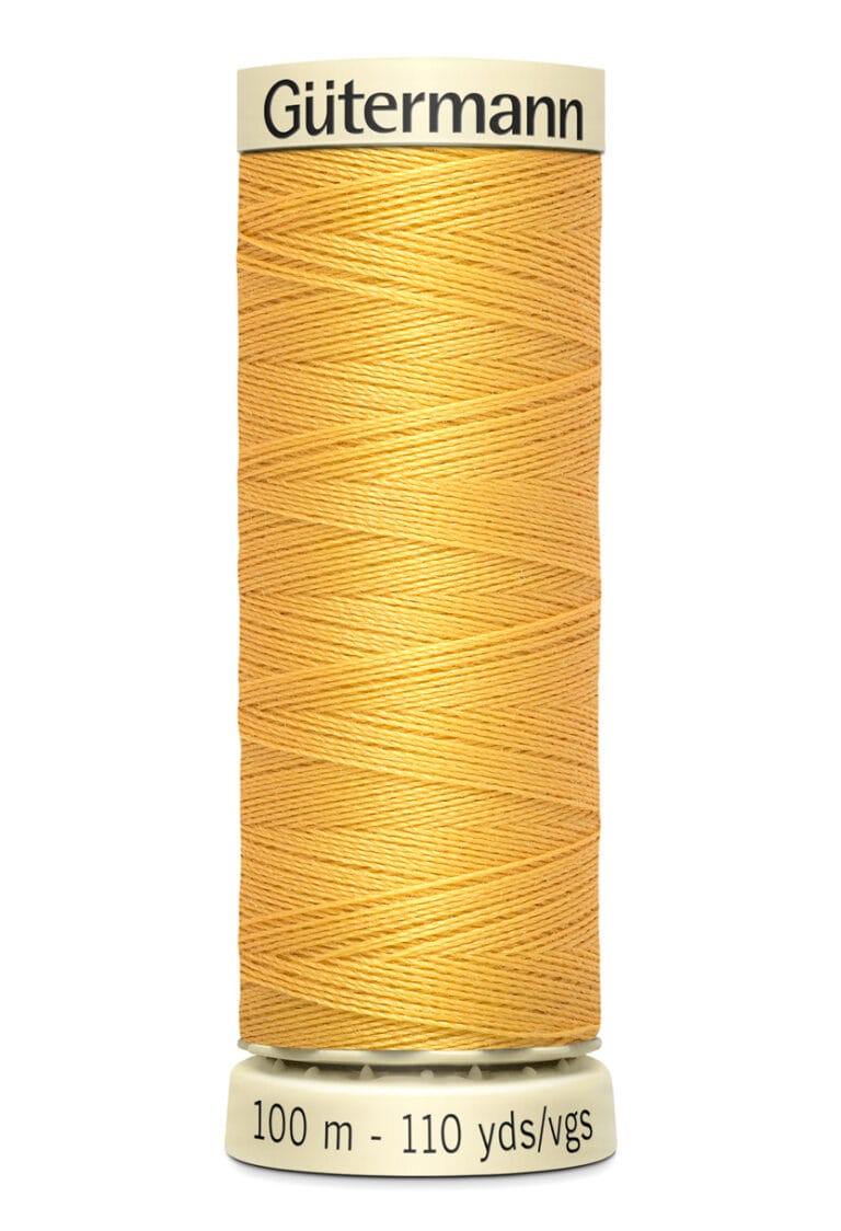 Spool of Gütermann thread in bright yellow, labeled with "100 m - 110 yds/vgs" on the base and "Gütermann" on the top.