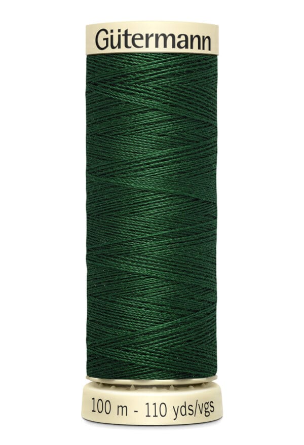 A spool of Gütermann dark green sewing thread, labeled for 100 meters or 110 yards, displayed against a white background.