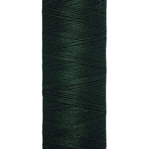 A spool of Gütermann thread, dark green in color, with a label indicating 100 meters (110 yards) in length. The spool has beige-colored ends.