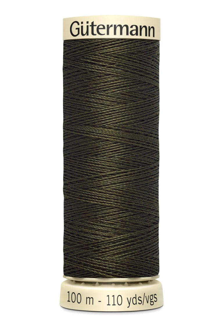 A spool of Gütermann thread in dark brown, labeled at the top with the brand name. The bottom of the spool indicates a length of 100 meters or 110 yards.