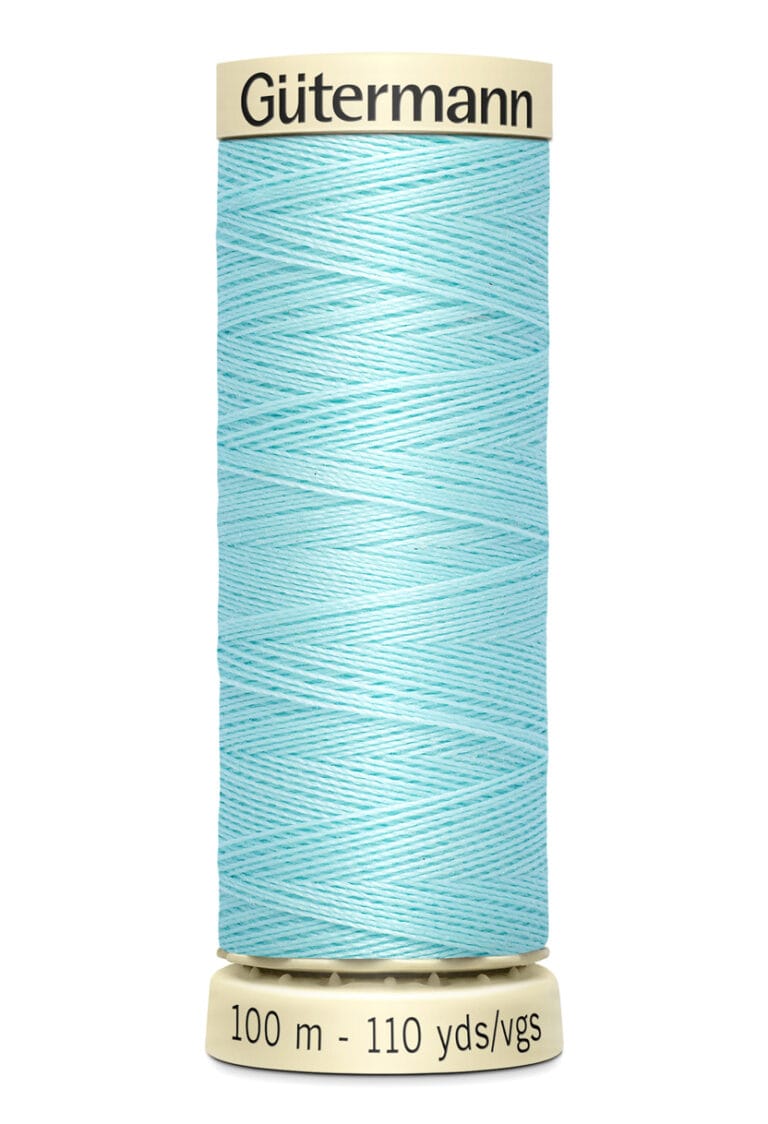 Spool of Gütermann sewing thread in light blue, measuring 100 meters or 110 yards.