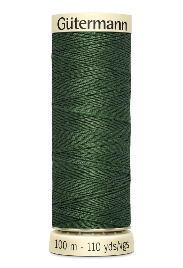 A spool of Gütermann green sewing thread with 100 meters (110 yards) capacity, shown against a white background. The label is cream-colored with black text displaying the brand name and thread length.