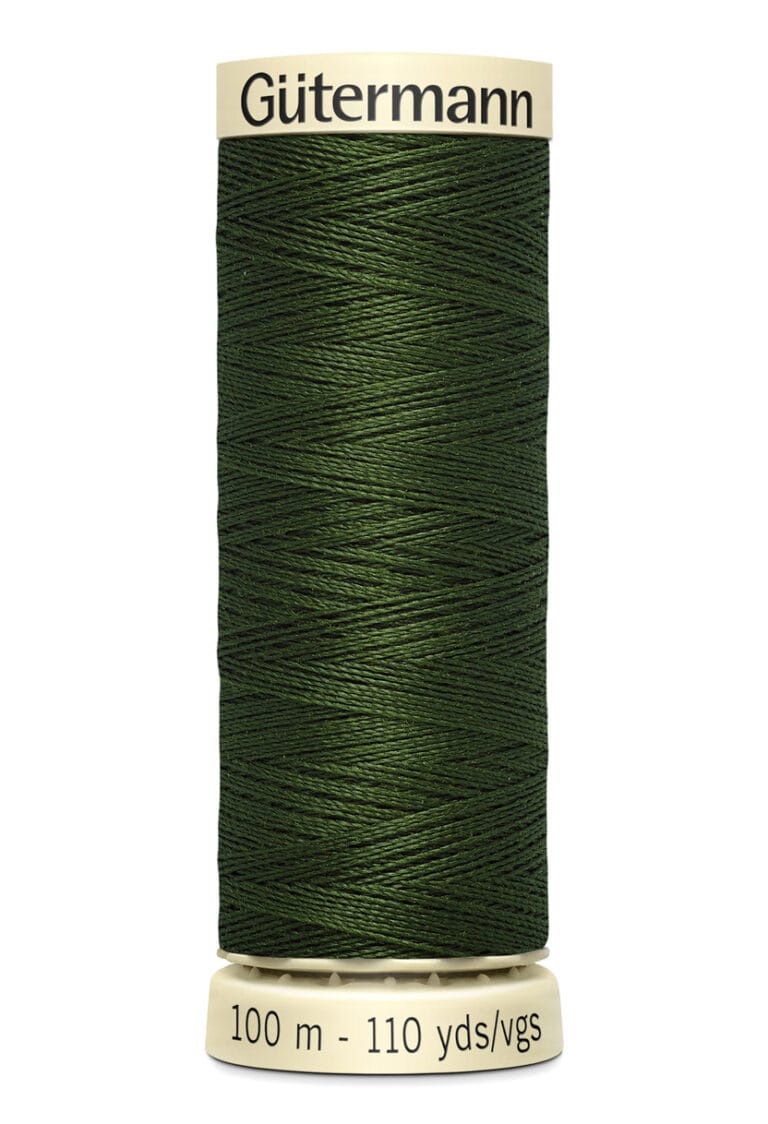 A spool of Gütermann polyester thread in dark green, labeled with a length of 100 meters or 110 yards. The spool is cylindrical with a cream-colored top and bottom.