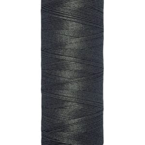 A spool of Gütermann polyester sewing thread, dark gray in color, with a length of 100 meters or 110 yards. The spool has beige labels at the top and bottom.