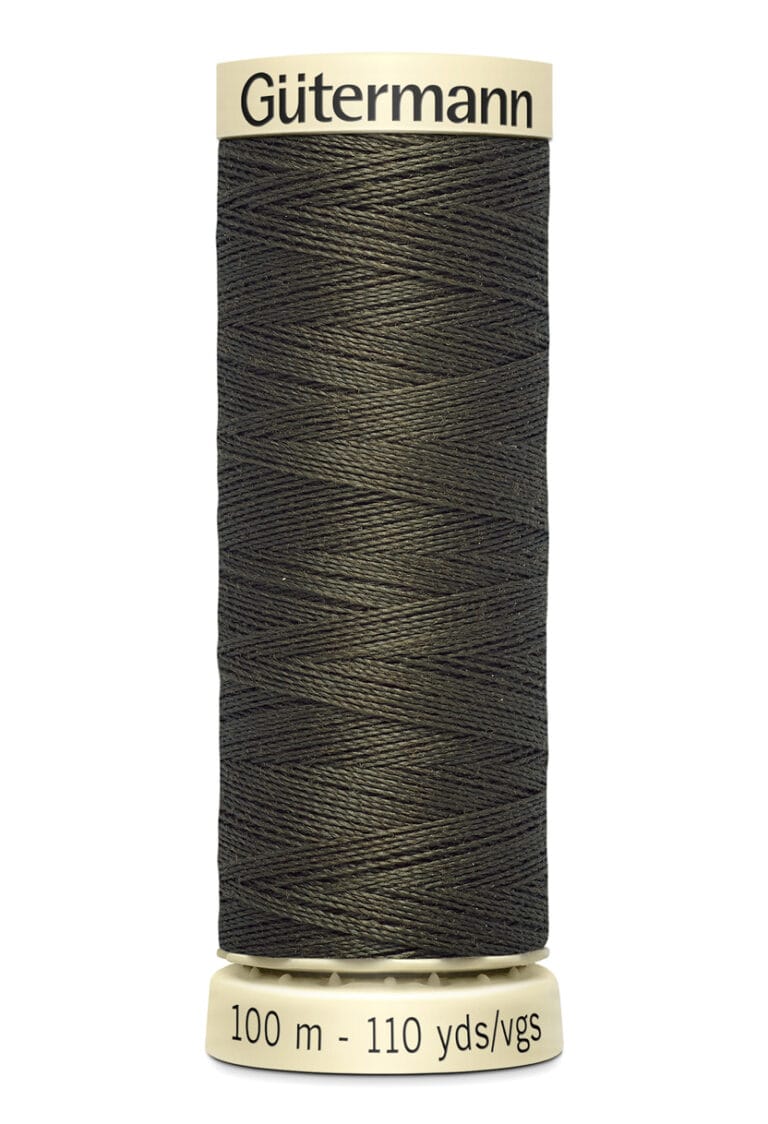 A spool of Gütermann thread in a dark shade, with visible strands neatly wound. The spool's label at the bottom indicates it contains 100 meters or 110 yards of thread.