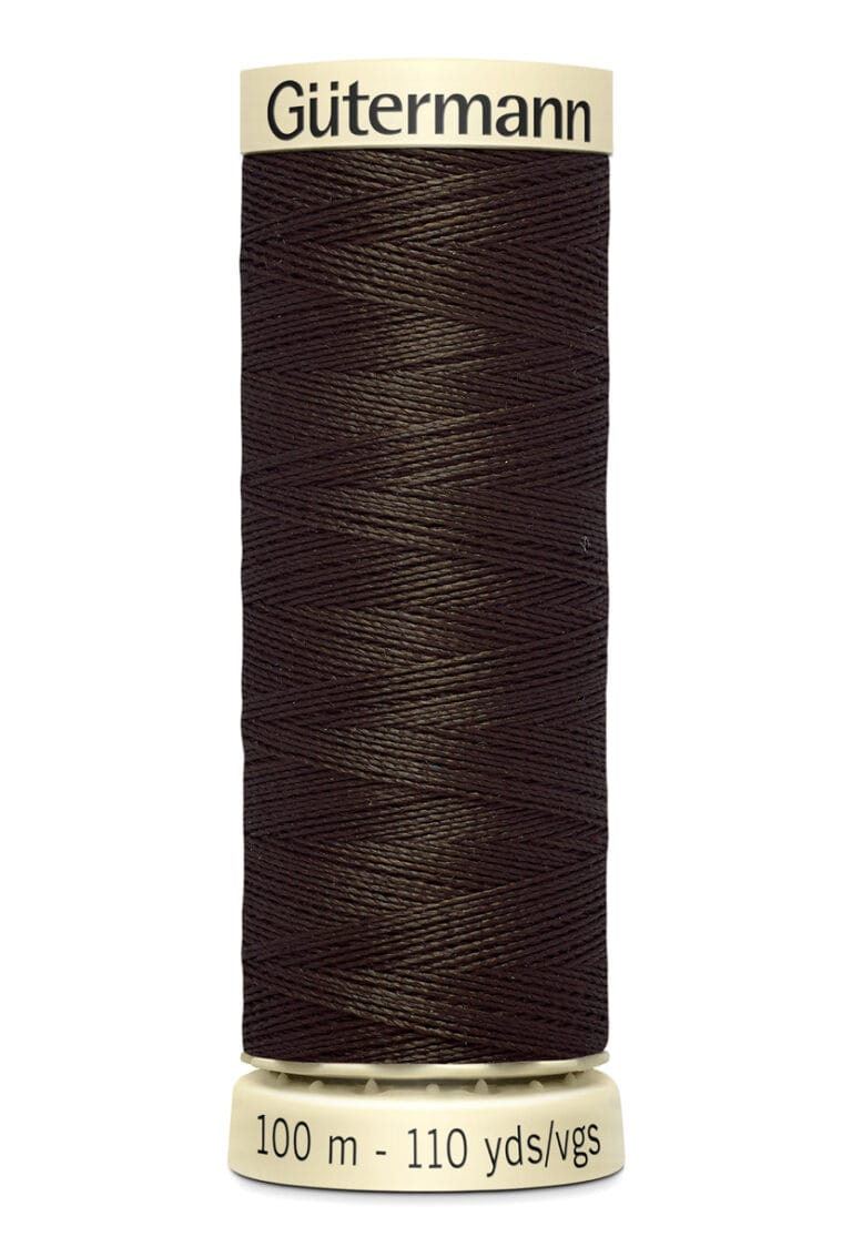 A spool of Gütermann sewing thread in dark brown color. The spool label indicates 100 meters (110 yards). The thread is tightly wound around a cream-colored cylindrical spool with black text.