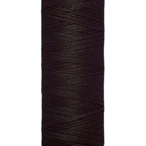 A spool of Gütermann sewing thread in dark brown. It holds 100 meters (110 yards) of thread and has beige ends with brand and length details printed in black.