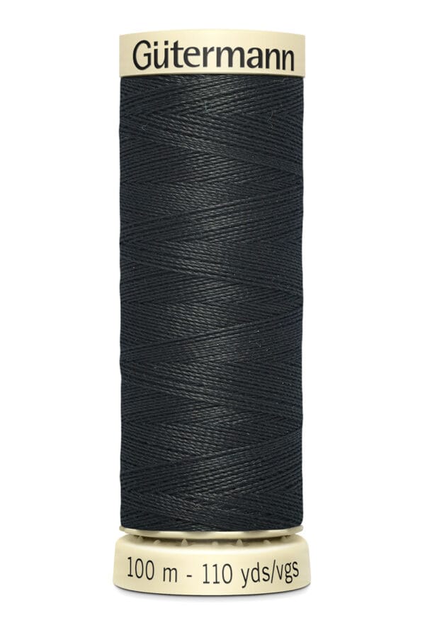 Spool of Gütermann black sewing thread, 100 meters (110 yards), shown upright with beige ends.