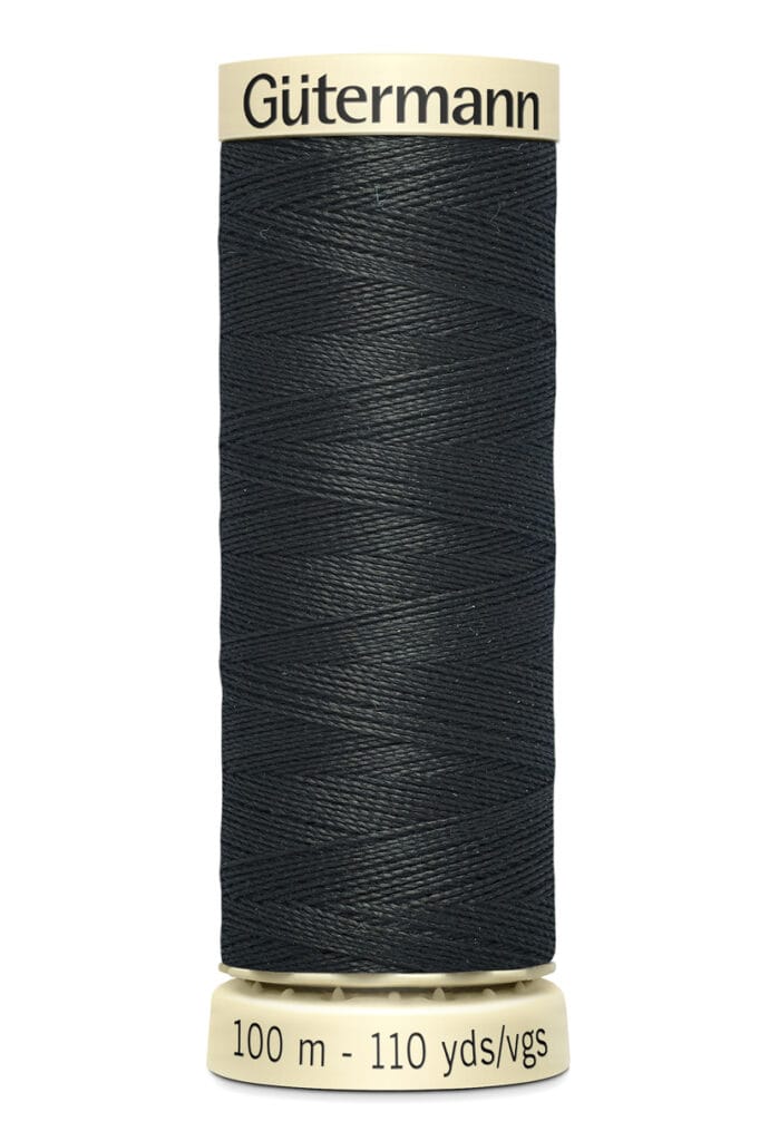 Spool of Gütermann black sewing thread, 100 meters (110 yards), shown upright with beige ends.