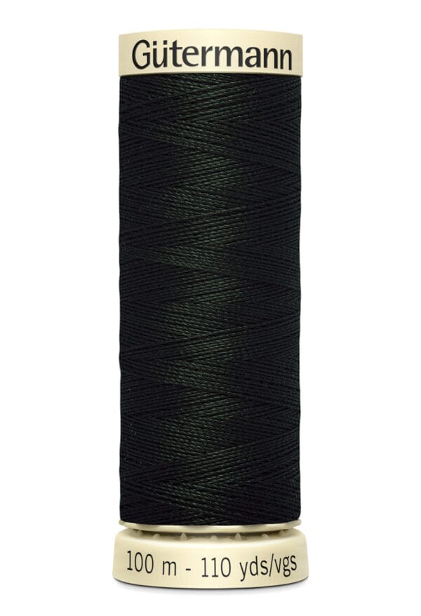 A spool of Gütermann sewing thread in dark green. The spool is labeled with 100 meters and 110 yards on the bottom.