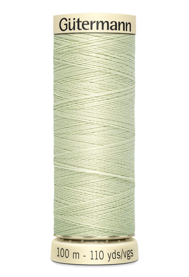 A spool of Gütermann sewing thread in a pastel green color. The spool indicates it contains 100 meters (110 yards) of thread.