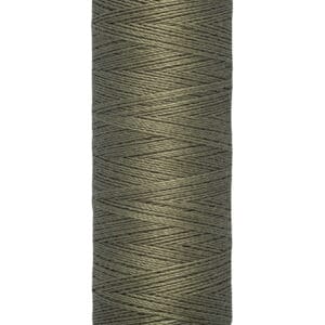 A spool of Gütermann thread, olive green in color. The label shows the brand name at the top and "100 m - 110 yds/vgs" at the bottom indicating the length of the thread.