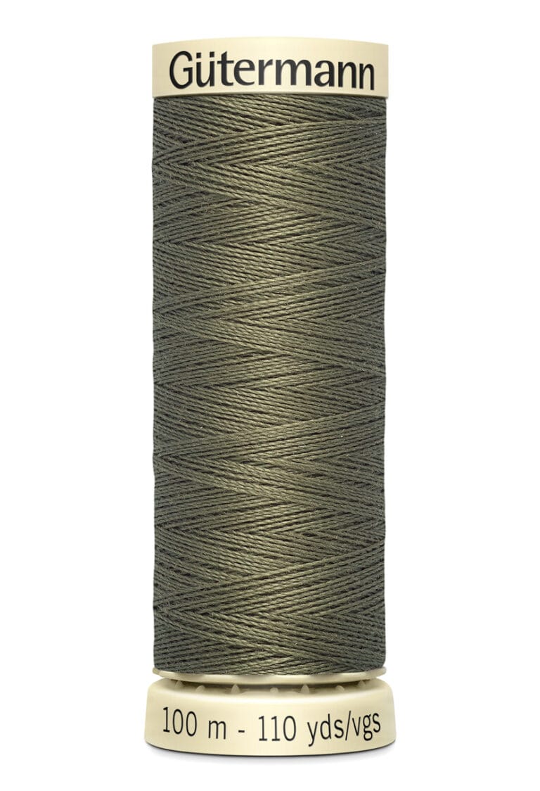 A spool of Gütermann thread, olive green in color. The label shows the brand name at the top and "100 m - 110 yds/vgs" at the bottom indicating the length of the thread.