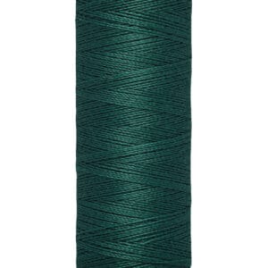 Spool of Gütermann polyester thread in dark green, showing a zigzag pattern, with labels indicating 100 meters and 110 yards.