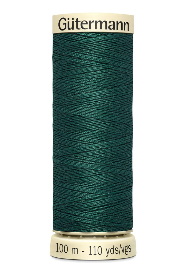 Spool of Gütermann polyester thread in dark green, showing a zigzag pattern, with labels indicating 100 meters and 110 yards.