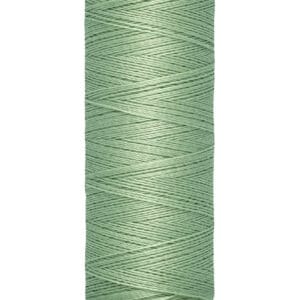 A spool of Gütermann sewing thread in light green, containing 100 meters or 110 yards. The spool has cream-colored ends with the brand name written on the top.