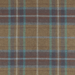 A close-up of a plaid fabric with a pattern of intersecting lines in brown, blue, green, and red. The background is a light brown, and the pattern forms a grid with varying line thickness. The texture appears woven.