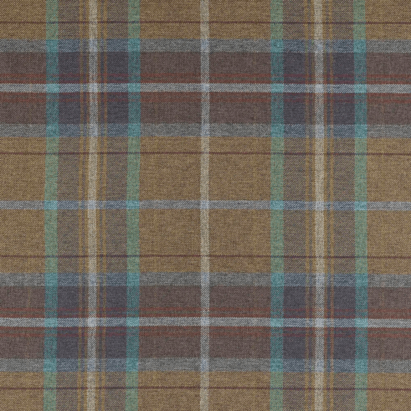 A close-up of a plaid fabric with a pattern of intersecting lines in brown, blue, green, and red. The background is a light brown, and the pattern forms a grid with varying line thickness. The texture appears woven.